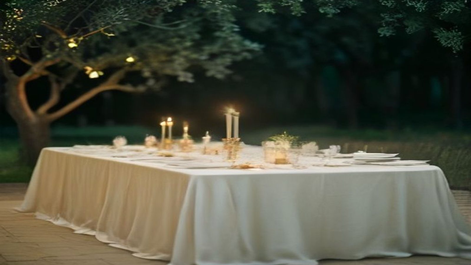 Mesa de banquete elegante bajo los árboles al atardecer